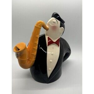 vintage 1990 Clay Art Jazz Series teapot designed Man Tuxedo Saxophone Art deco